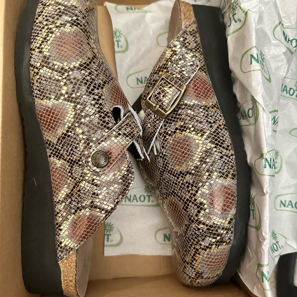 Naot Gold and Brown Patterned Clogs